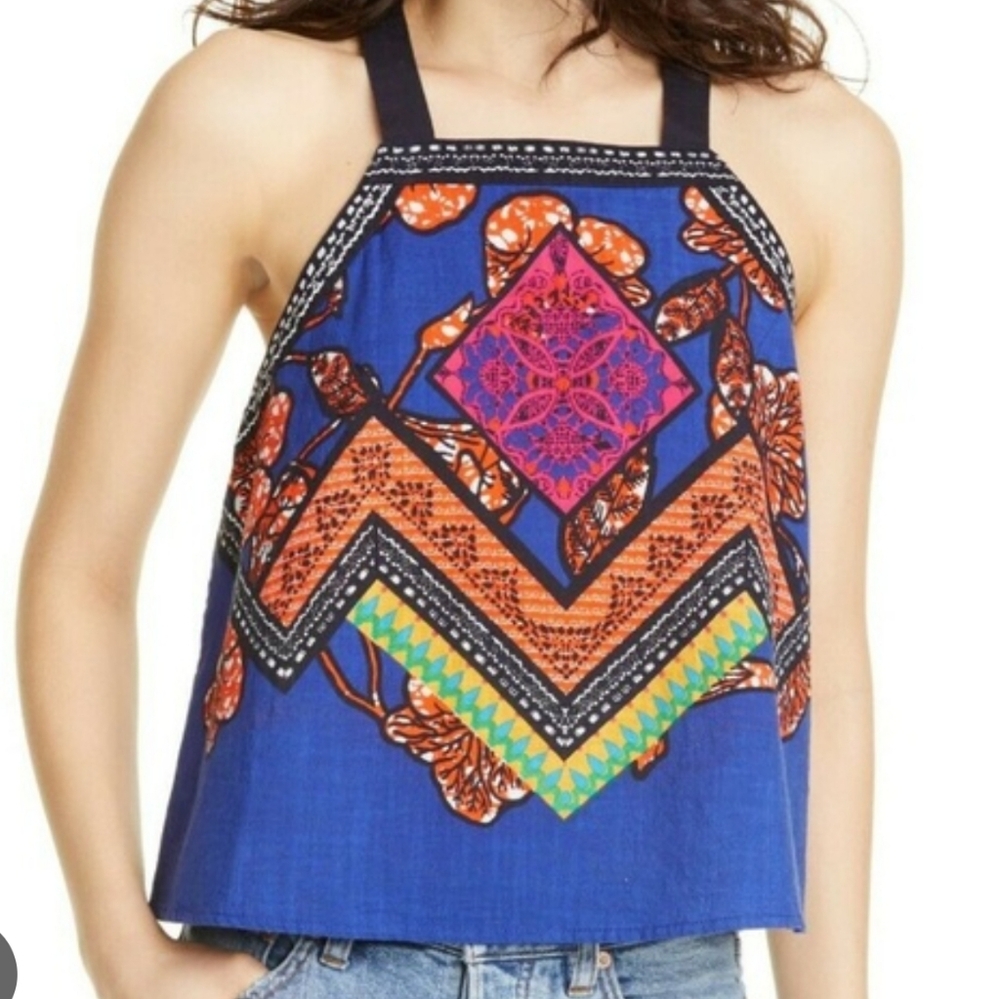 Free People Blue Geometric Floral Halter Top Tie Back Boho Sleeveless Medium